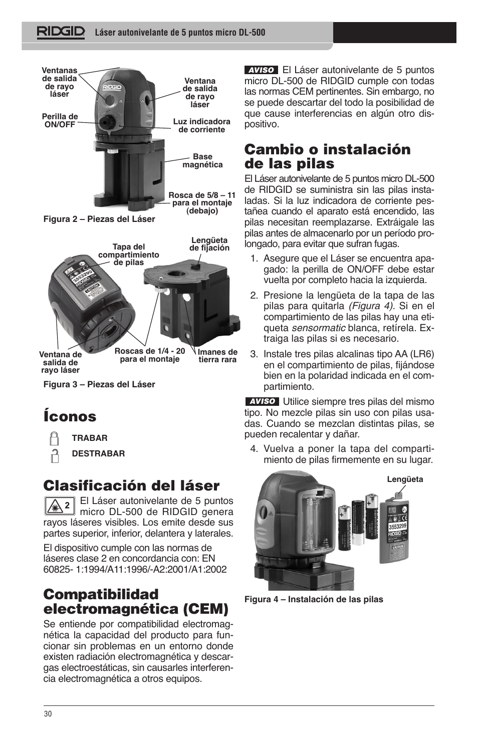 Cambio o instalación de las pilas, Íconos clasificación del láser, Compatibilidad electromagnética (cem) | RIDGID micro DL-500 User Manual | Page 32 / 270