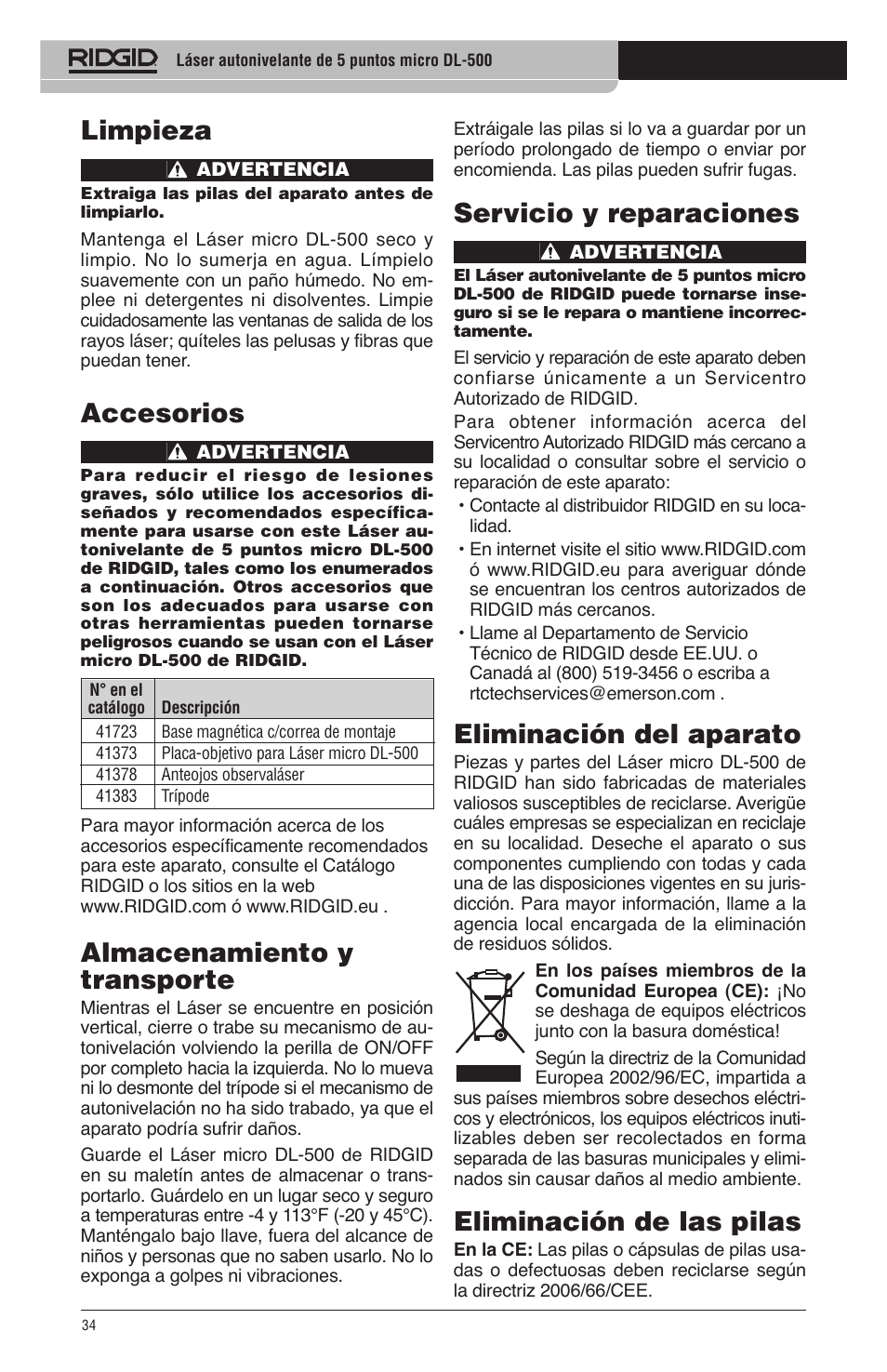 Limpieza, Accesorios, Almacenamiento y transporte | Servicio y reparaciones, Eliminación del aparato, Eliminación de las pilas | RIDGID micro DL-500 User Manual | Page 36 / 270