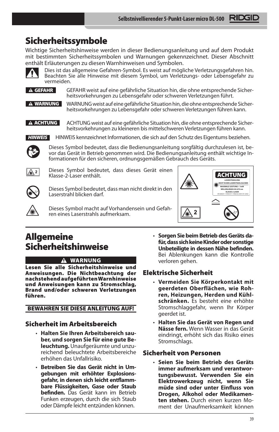 Sicherheitssymbole, Allgemeine sicherheitshinweise, Sicherheit im arbeitsbereich | Elektrische sicherheit, Sicherheit von personen | RIDGID micro DL-500 User Manual | Page 41 / 270