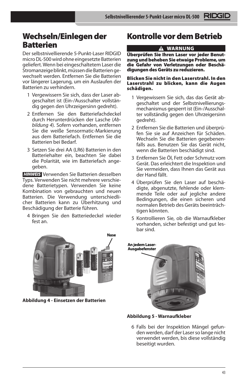 Kontrolle vor dem betrieb, Wechseln/einlegen der batterien | RIDGID micro DL-500 User Manual | Page 45 / 270