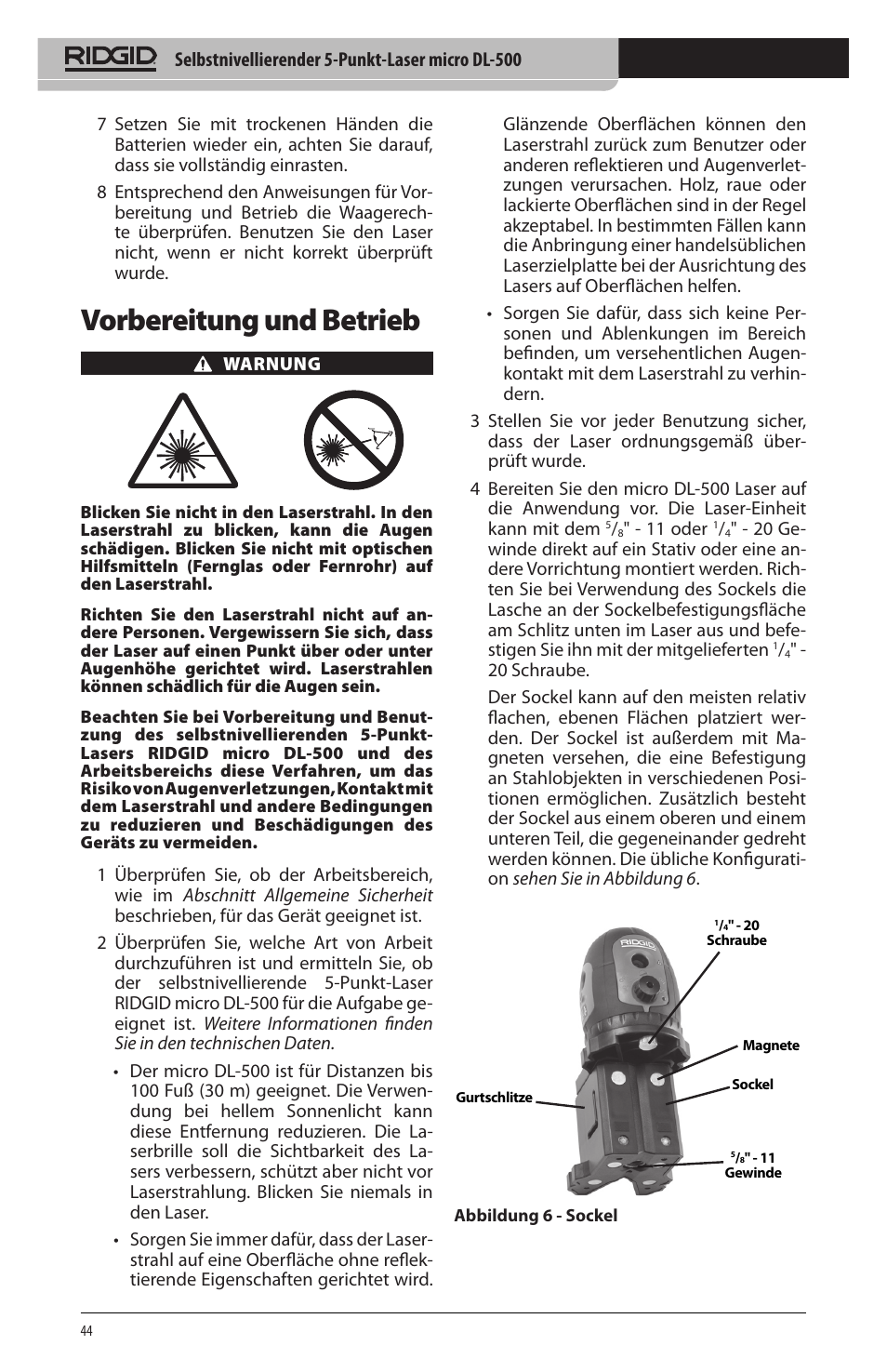 Vorbereitung und betrieb | RIDGID micro DL-500 User Manual | Page 46 / 270