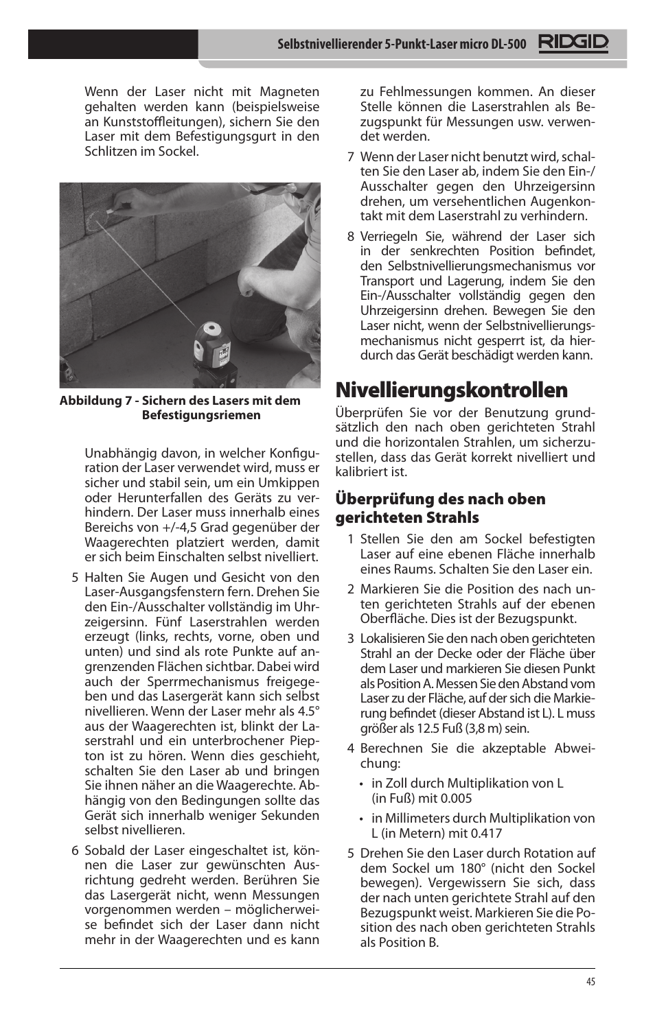 Nivellierungskontrollen, Überprüfung des nach oben gerichteten strahls | RIDGID micro DL-500 User Manual | Page 47 / 270
