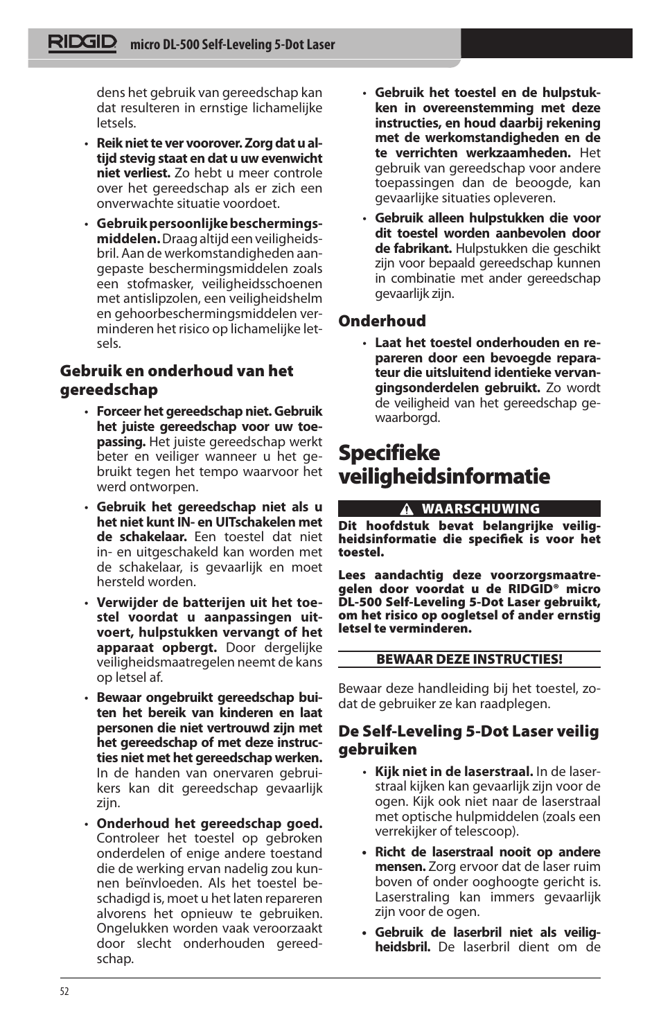 Specifieke veiligheidsinformatie, Gebruik en onderhoud van het gereedschap, Onderhoud | De self‑leveling 5‑dot laser veilig gebruiken | RIDGID micro DL-500 User Manual | Page 54 / 270