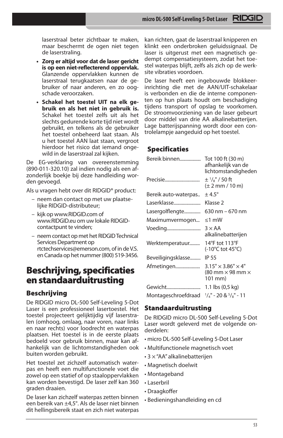 Beschrijving, specificaties en standaarduitrusting, Beschrijving, Specificaties | Standaarduitrusting | RIDGID micro DL-500 User Manual | Page 55 / 270