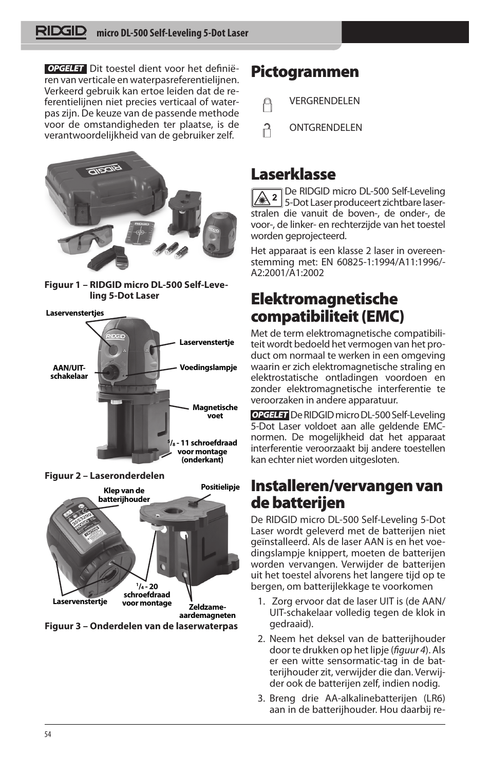 Pictogrammen, Laserklasse, Elektromagnetische compatibiliteit (emc) | Installeren/vervangen van de batterijen | RIDGID micro DL-500 User Manual | Page 56 / 270