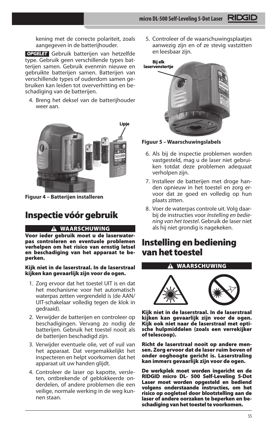 Instelling en bediening van het toestel, Inspectie vóór gebruik | RIDGID micro DL-500 User Manual | Page 57 / 270