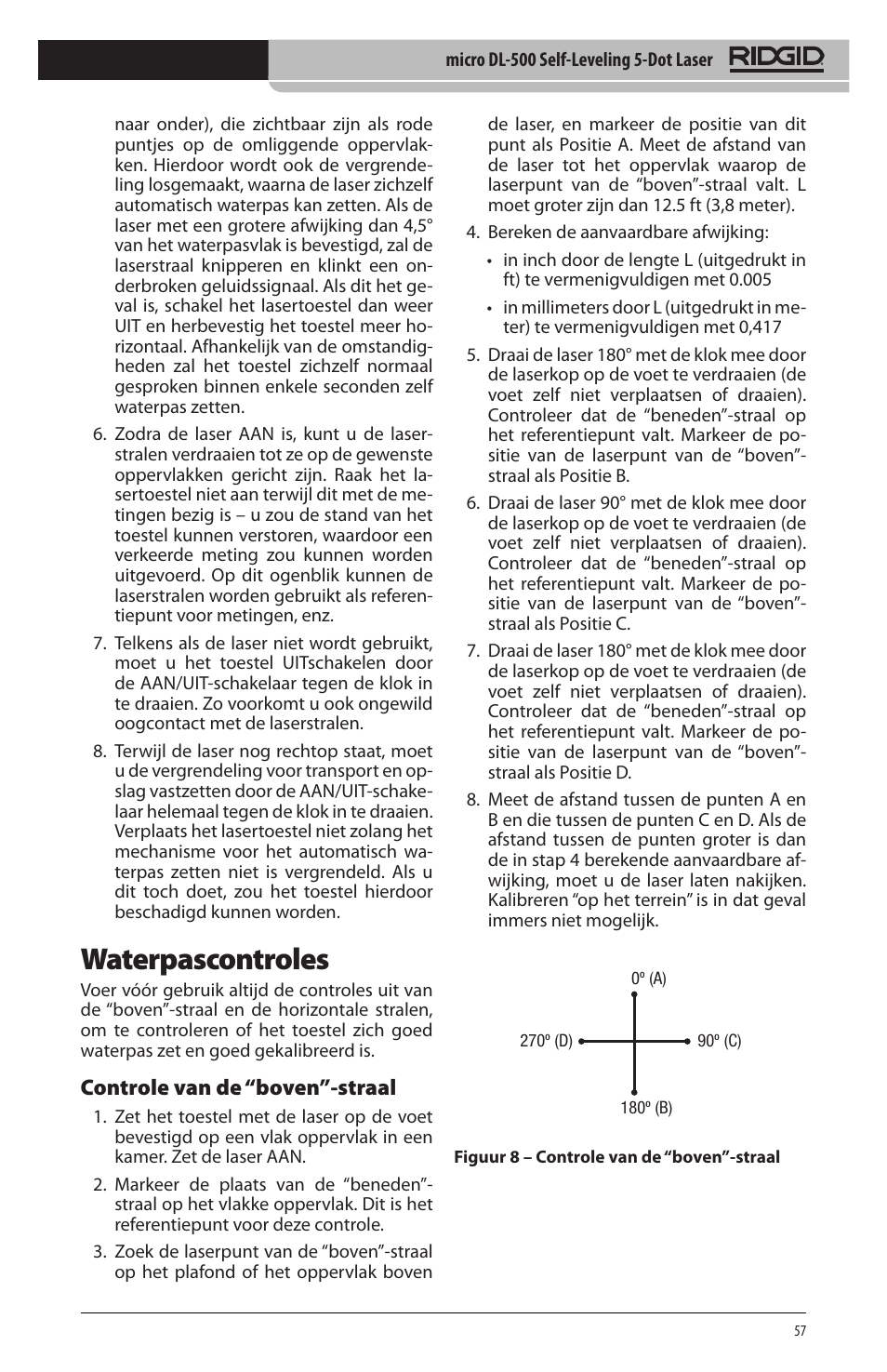 Waterpascontroles, Controle van de “boven”‑straal | RIDGID micro DL-500 User Manual | Page 59 / 270