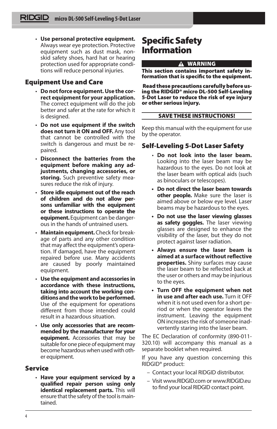 Specific safety information, Equipment use and care, Service | Self‑leveling 5‑dot laser safety | RIDGID micro DL-500 User Manual | Page 6 / 270