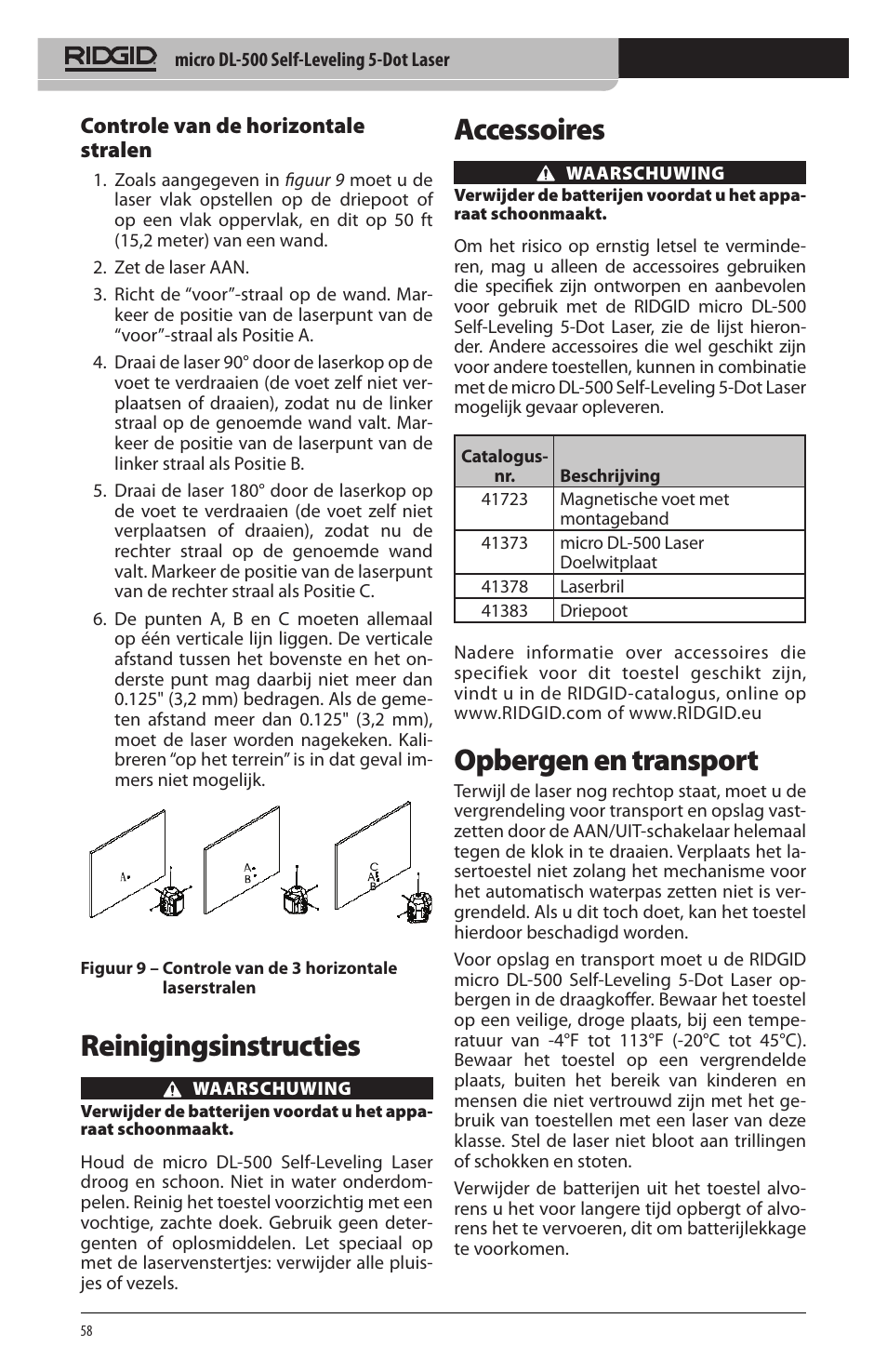 Reinigingsinstructies, Accessoires, Opbergen en transport | Controle van de horizontale stralen | RIDGID micro DL-500 User Manual | Page 60 / 270