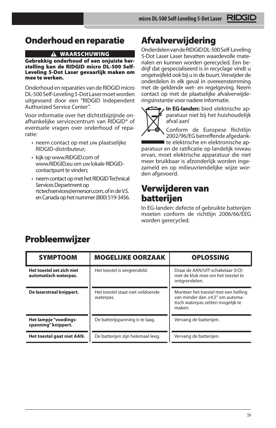 Onderhoud en reparatie, Afvalverwijdering, Verwijderen van batterijen | Probleemwijzer, Symptoom mogelijke oorzaak oplossing | RIDGID micro DL-500 User Manual | Page 61 / 270