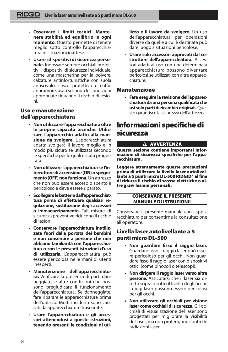 Informazioni specifiche di sicurezza, Uso e manutenzione dell'apparecchiatura, Manutenzione | RIDGID micro DL-500 User Manual | Page 66 / 270