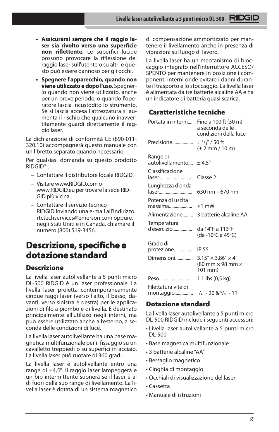 Descrizione, specifiche e dotazione standard, Descrizione, Caratteristiche tecniche | Dotazione standard | RIDGID micro DL-500 User Manual | Page 67 / 270