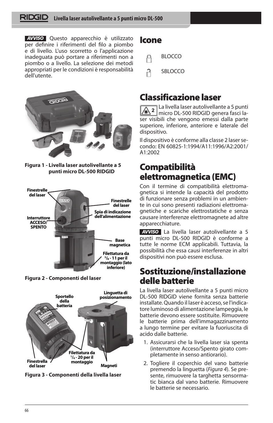 Icone, Classificazione laser, Compatibilità elettromagnetica (emc) | Sostituzione/installazione delle batterie | RIDGID micro DL-500 User Manual | Page 68 / 270