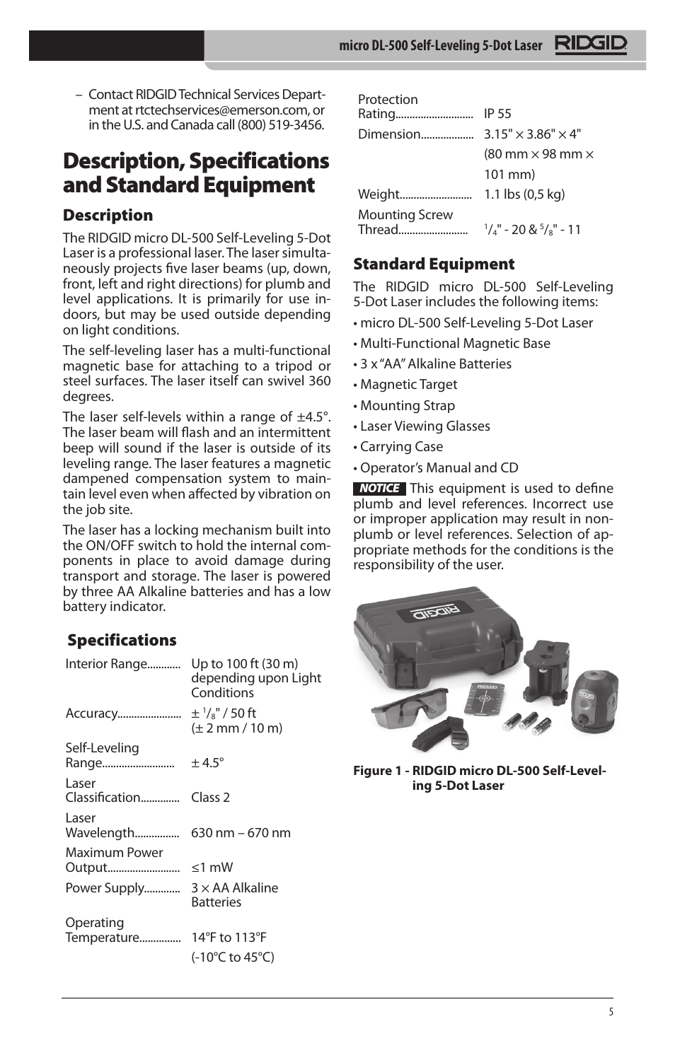 Description, specifications and standard equipment, Description, Specifications | Standard equipment | RIDGID micro DL-500 User Manual | Page 7 / 270