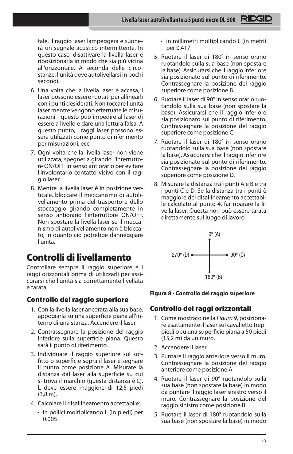 Controlli di livellamento, Controllo del raggio superiore, Controllo dei raggi orizzontali | RIDGID micro DL-500 User Manual | Page 71 / 270