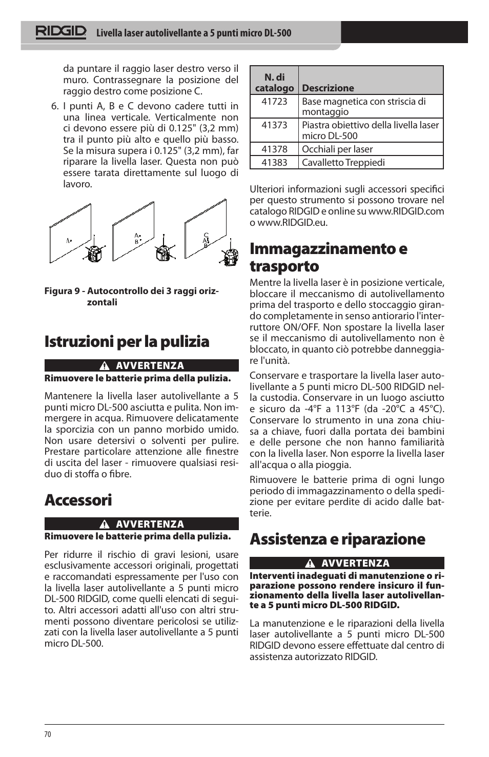 Istruzioni per la pulizia, Accessori, Immagazzinamento e trasporto | Assistenza e riparazione | RIDGID micro DL-500 User Manual | Page 72 / 270