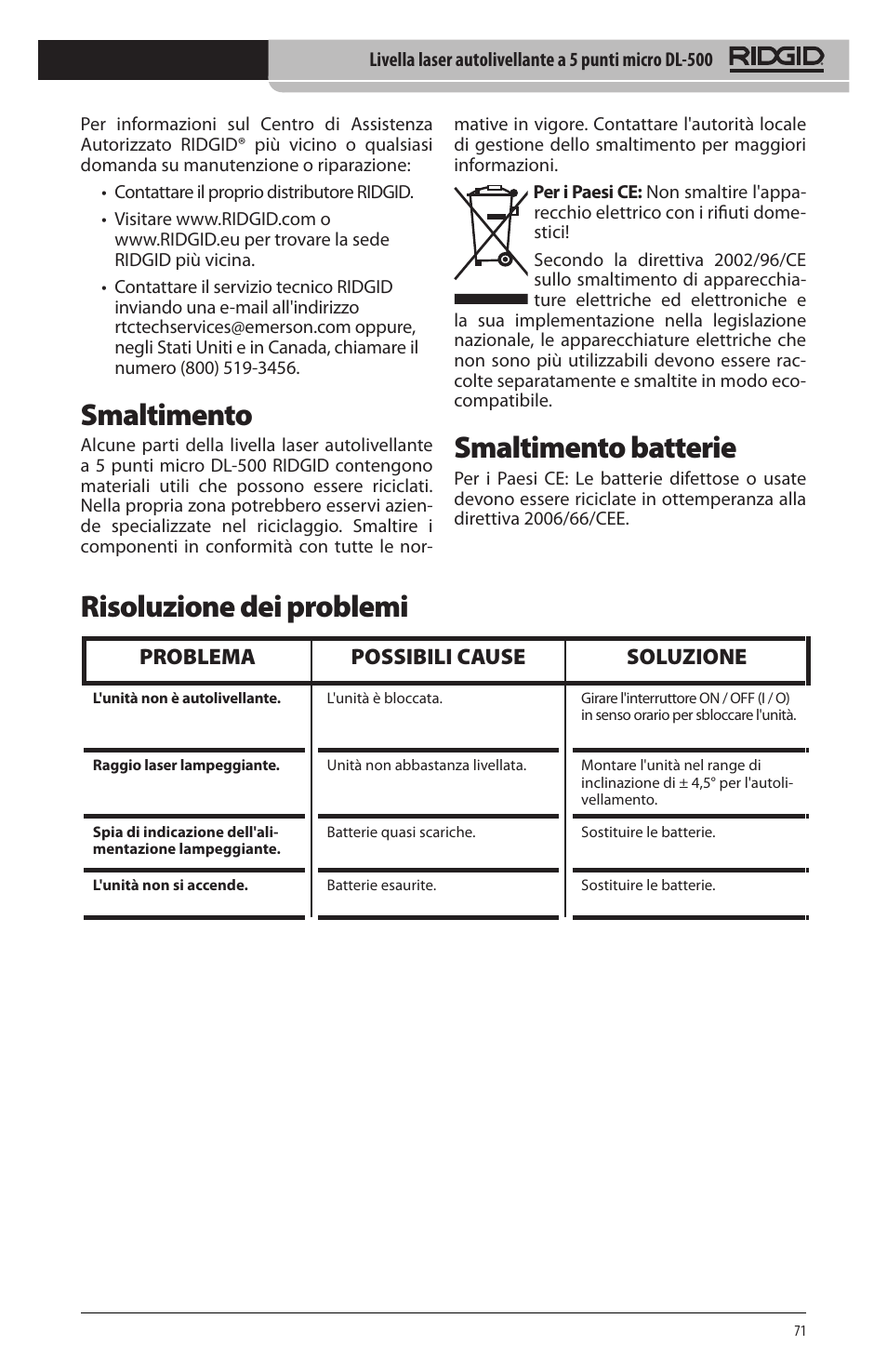 Smaltimento, Smaltimento batterie, Risoluzione dei problemi | Problema possibili cause soluzione | RIDGID micro DL-500 User Manual | Page 73 / 270