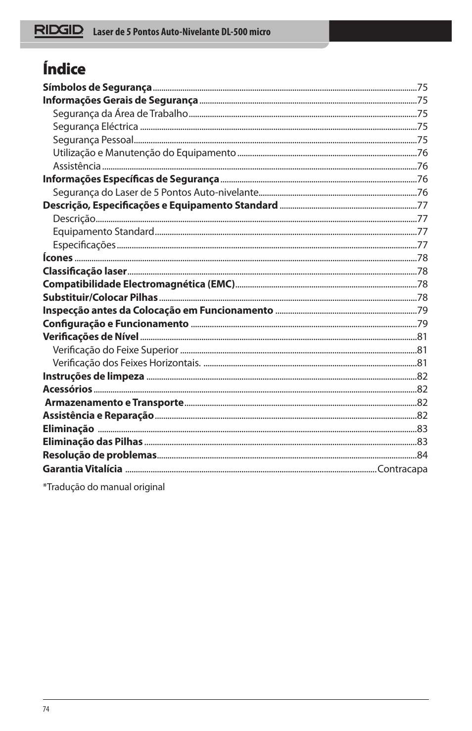 Índice | RIDGID micro DL-500 User Manual | Page 76 / 270