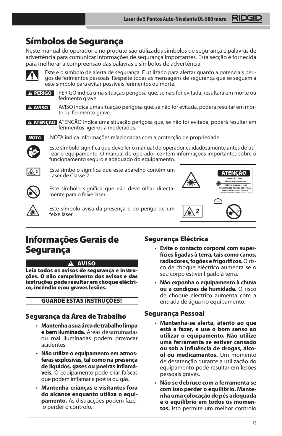 Símbolos de segurança, Informações gerais de segurança, Segurança da área de trabalho | Segurança eléctrica, Segurança pessoal | RIDGID micro DL-500 User Manual | Page 77 / 270