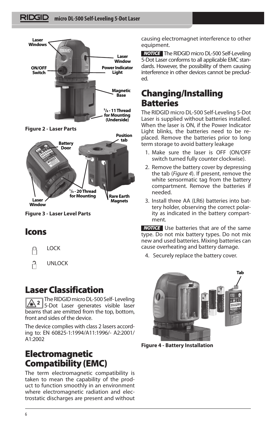 Icons, Laser classification, Electromagnetic compatibility (emc) | Changing/installing batteries | RIDGID micro DL-500 User Manual | Page 8 / 270