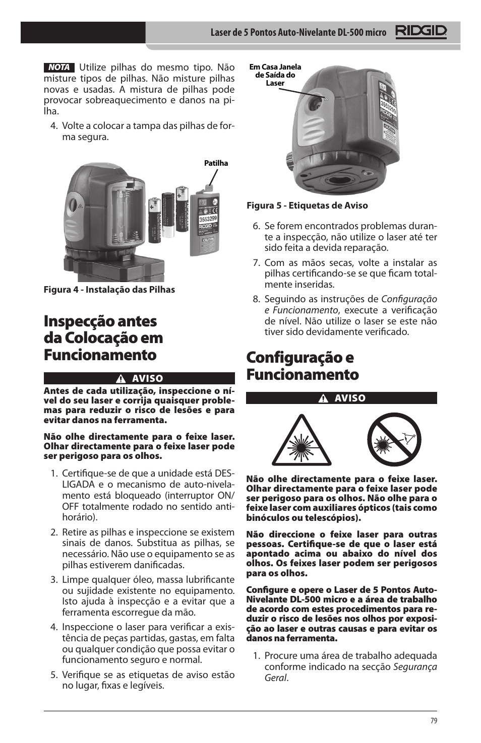 Configuração e funcionamento, Inspecção antes da colocação em funcionamento | RIDGID micro DL-500 User Manual | Page 81 / 270