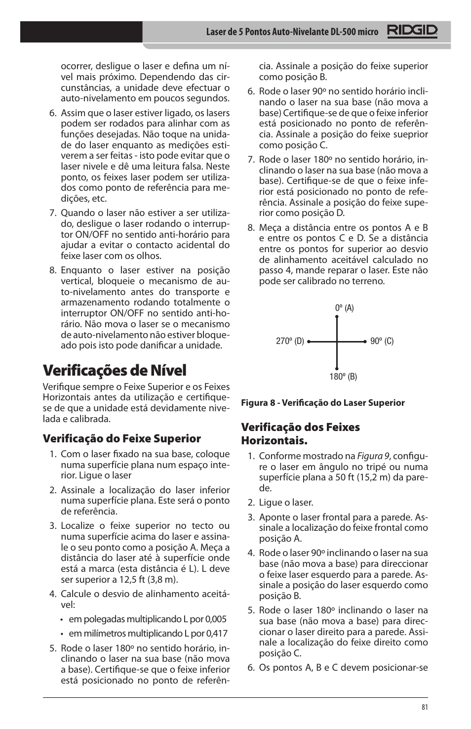 Verificações de nível, Verificação do feixe superior, Verificação dos feixes horizontais | RIDGID micro DL-500 User Manual | Page 83 / 270