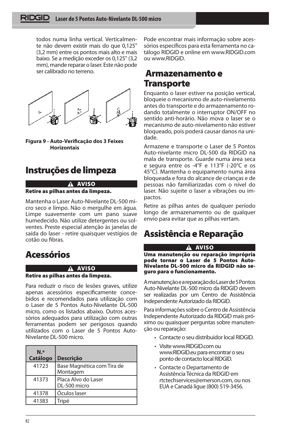 Instruções de limpeza, Acessórios, Armazenamento e transporte | Assistência e reparação | RIDGID micro DL-500 User Manual | Page 84 / 270