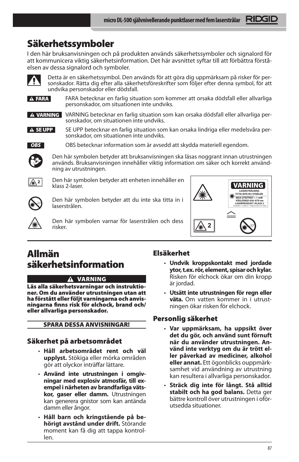 Säkerhetssymboler, Allmän säkerhetsinformation, Säkerhet på arbetsområdet | Elsäkerhet, Personlig säkerhet | RIDGID micro DL-500 User Manual | Page 89 / 270