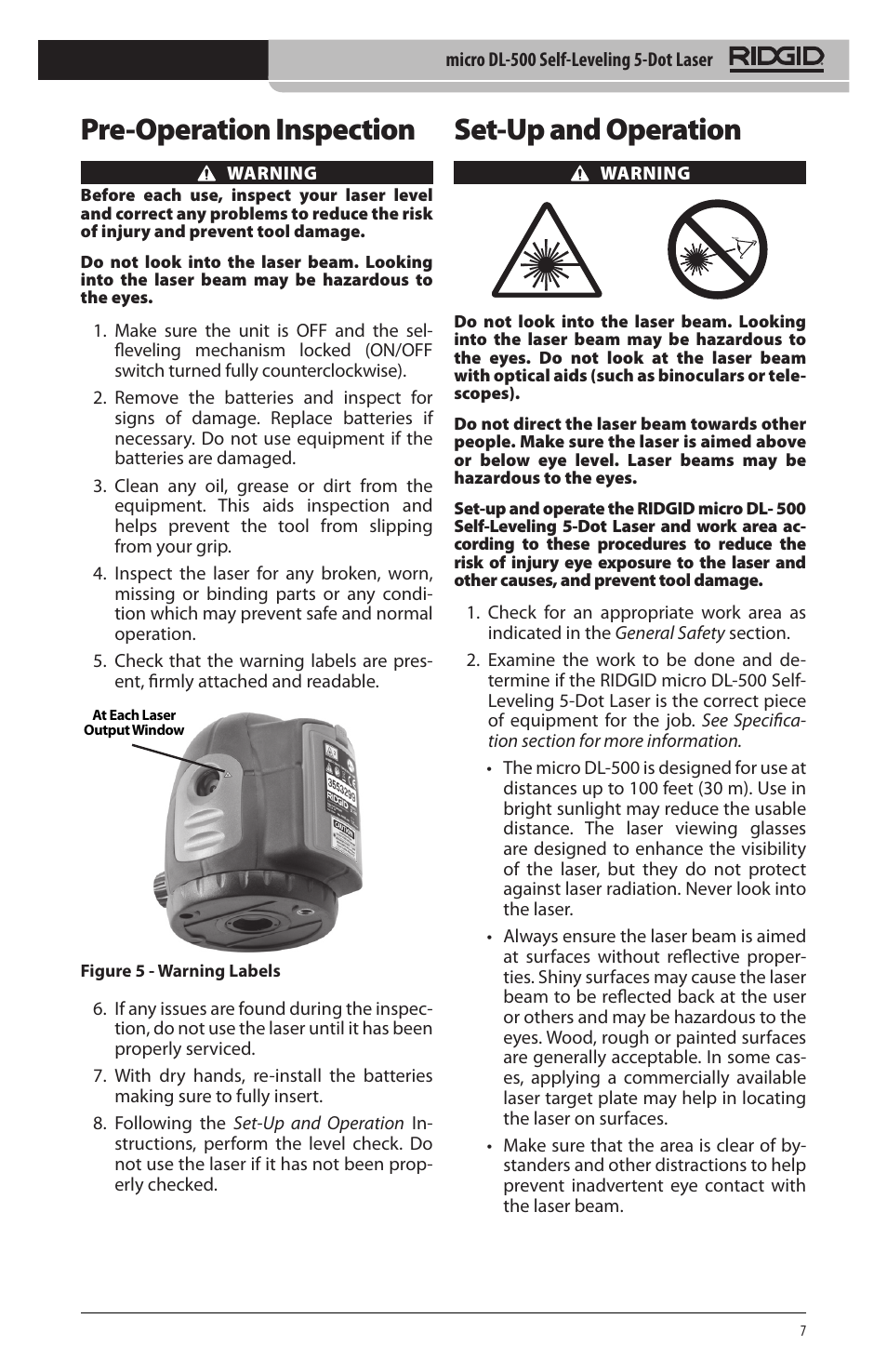 Set‑up and operation, Pre‑operation inspection | RIDGID micro DL-500 User Manual | Page 9 / 270