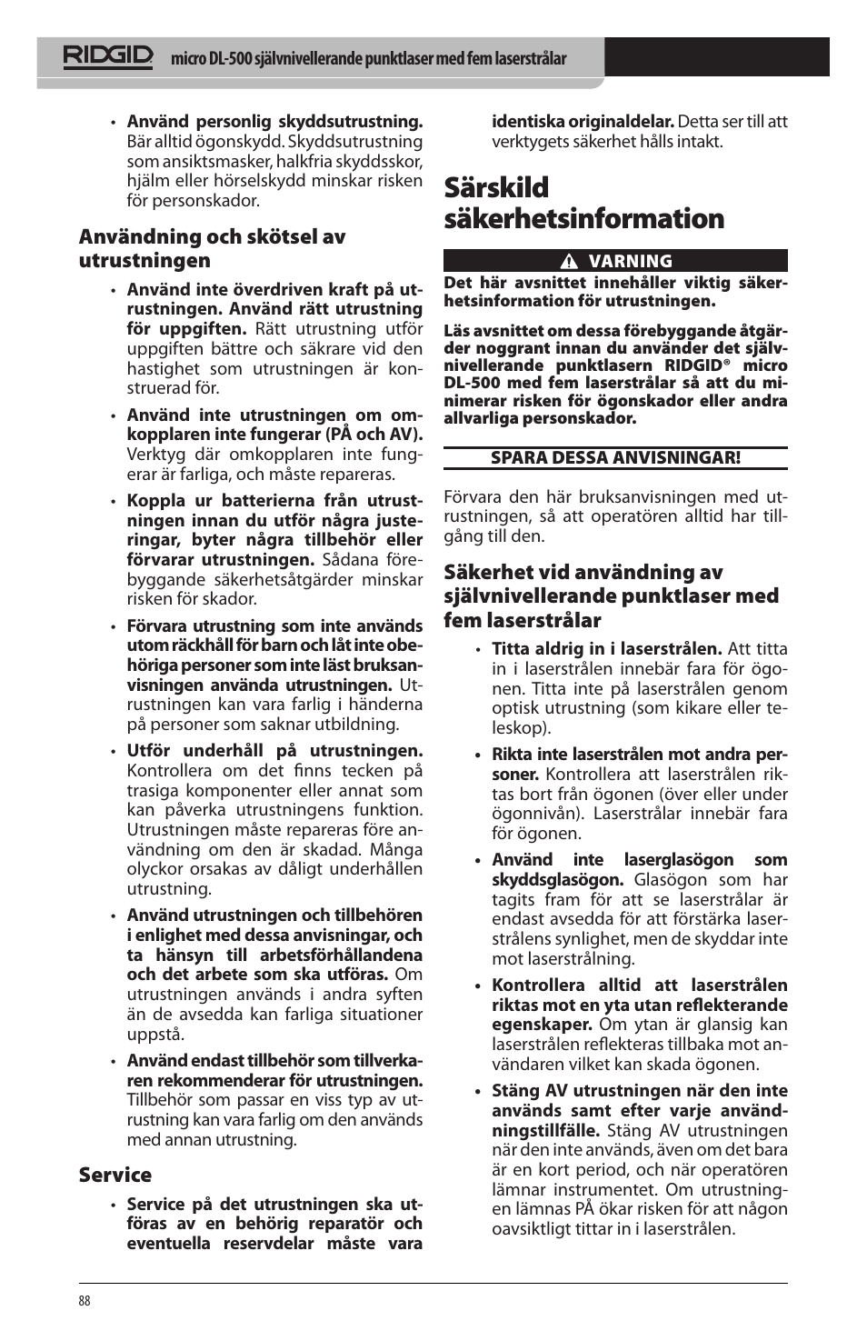 Särskild säkerhetsinformation, Användning och skötsel av utrustningen, Service | RIDGID micro DL-500 User Manual | Page 90 / 270