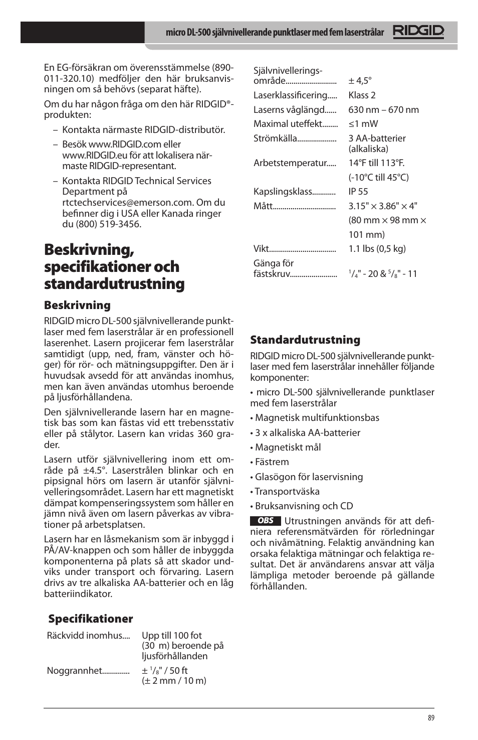 Beskrivning, Specifikationer, Standardutrustning | RIDGID micro DL-500 User Manual | Page 91 / 270