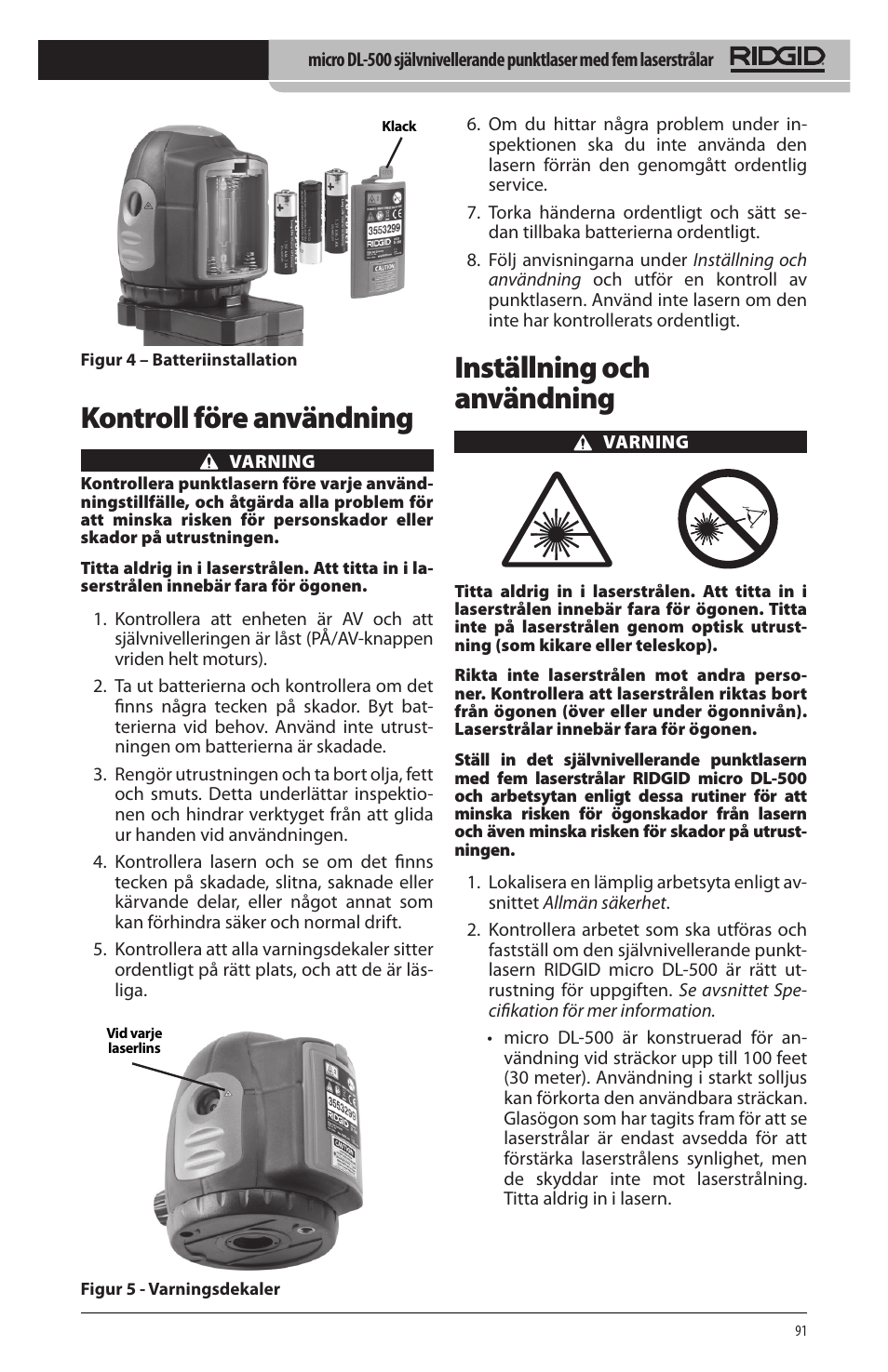 Inställning och användning, Kontroll före användning | RIDGID micro DL-500 User Manual | Page 93 / 270