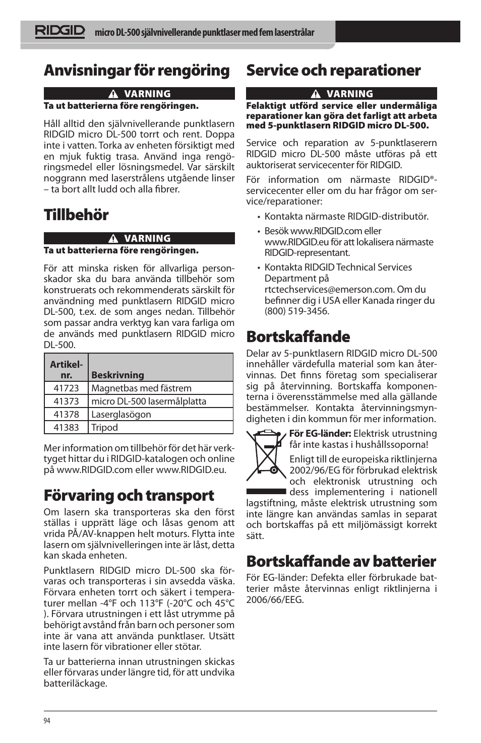 Anvisningar för rengöring, Tillbehör, Förvaring och transport | Service och reparationer, Bortskaffande, Bortskaffande av batterier | RIDGID micro DL-500 User Manual | Page 96 / 270