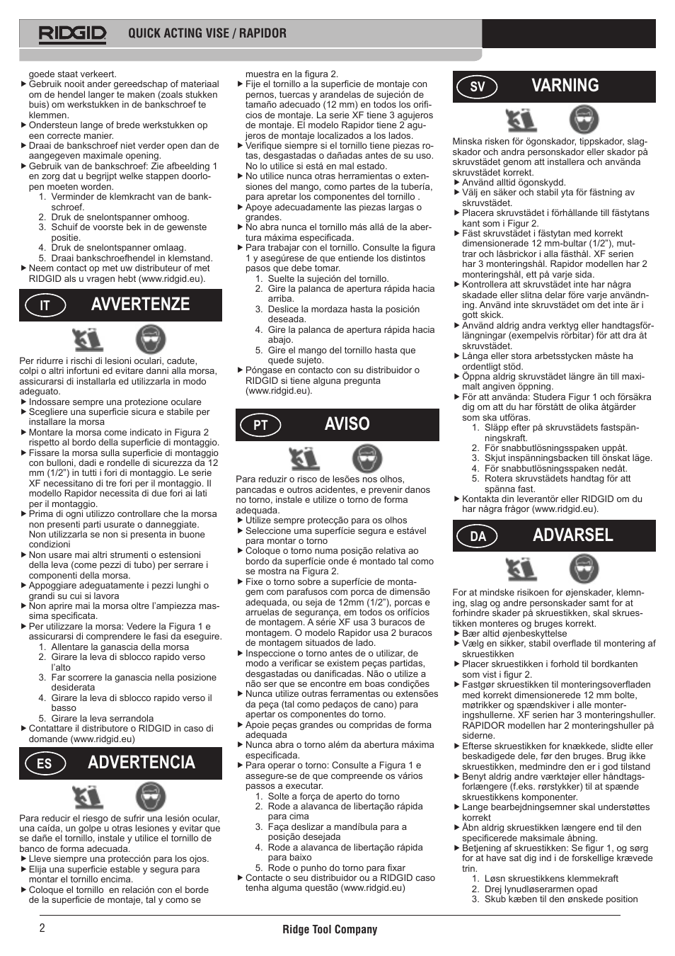 Avvertenze, Advertencia, Aviso | Varning, Advarsel | RIDGID Rapidor User Manual | Page 3 / 6