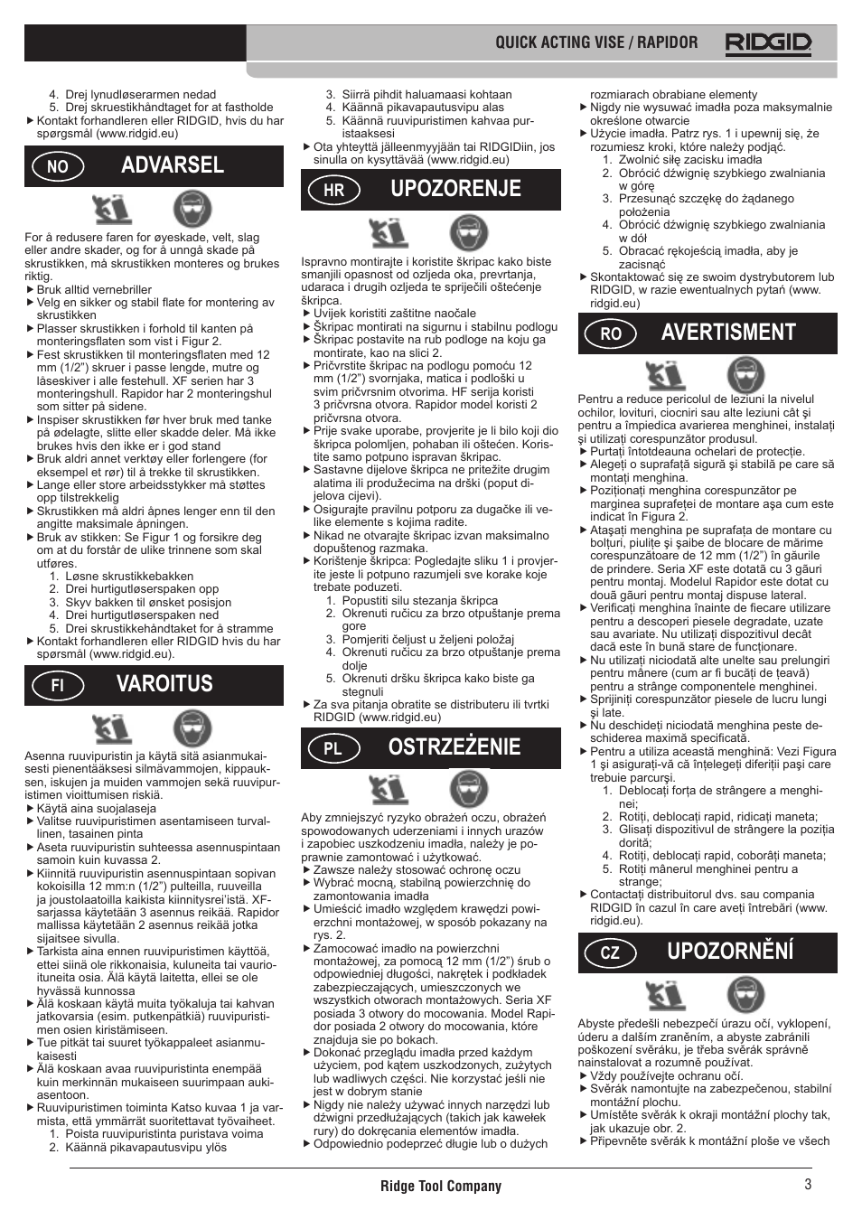 Advarsel, Varoitus, Upozorenje | Ostrzeżenie, Avertisment, Upozornění | RIDGID Rapidor User Manual | Page 4 / 6