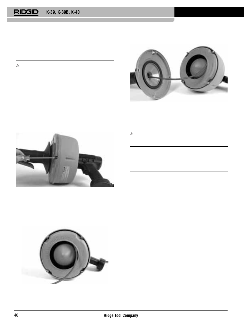 Instrucciones de mantenimiento, Introducción del cable en su compartimento, Herramienta de limpieza de desagües | RIDGID K-40 User Manual | Page 41 / 126