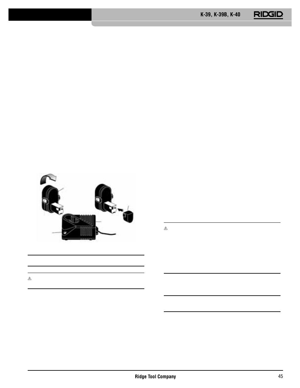 Instruções de funcionamento, Notas de carregamento importantes, Bateria k-39 da máquina de limpeza de tubagens | Controlos, Mandril de acção deslizante (k-39) | RIDGID K-40 User Manual | Page 46 / 126