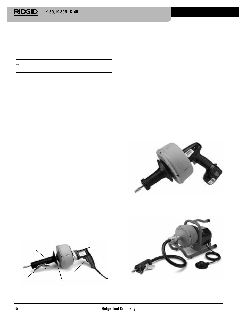 Beskrivelse, specifi kationer og standardudstyr, Sikker betjening af batteri/oplader (kun k-39), Beskrivelse | RIDGID K-40 User Manual | Page 57 / 126