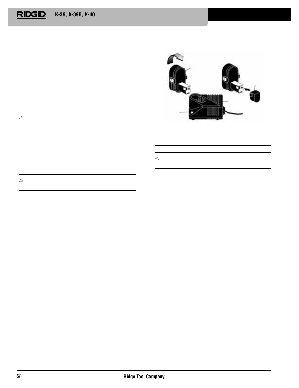 Klargøring til fjernelse af prop i urinal, Klargøring af k-39 batterioplader, Vigtig information om opladning | K-39 batteri-afl øbsrenser | RIDGID K-40 User Manual | Page 59 / 126