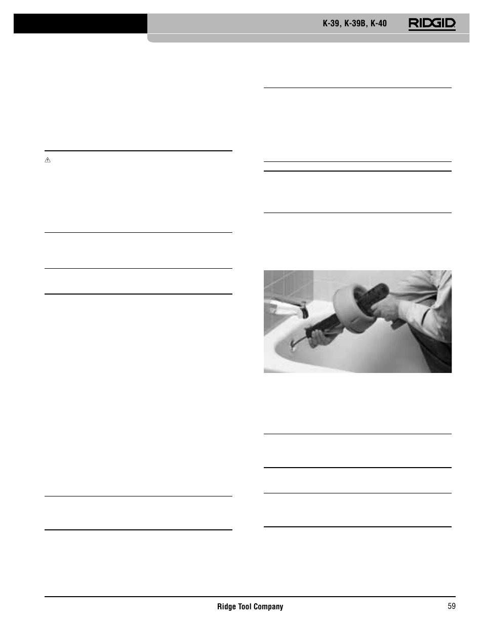 Betjeningsvejledning, Betjeningsenheder, Rensning af afl øbsrør | RIDGID K-40 User Manual | Page 60 / 126