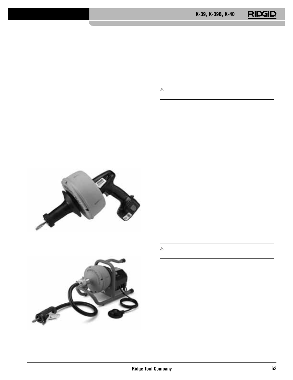 Beskrivelse, spesifi kasjoner og standardutstyr, Inspeksjon av drensrenser, Beskrivelse | RIDGID K-40 User Manual | Page 64 / 126