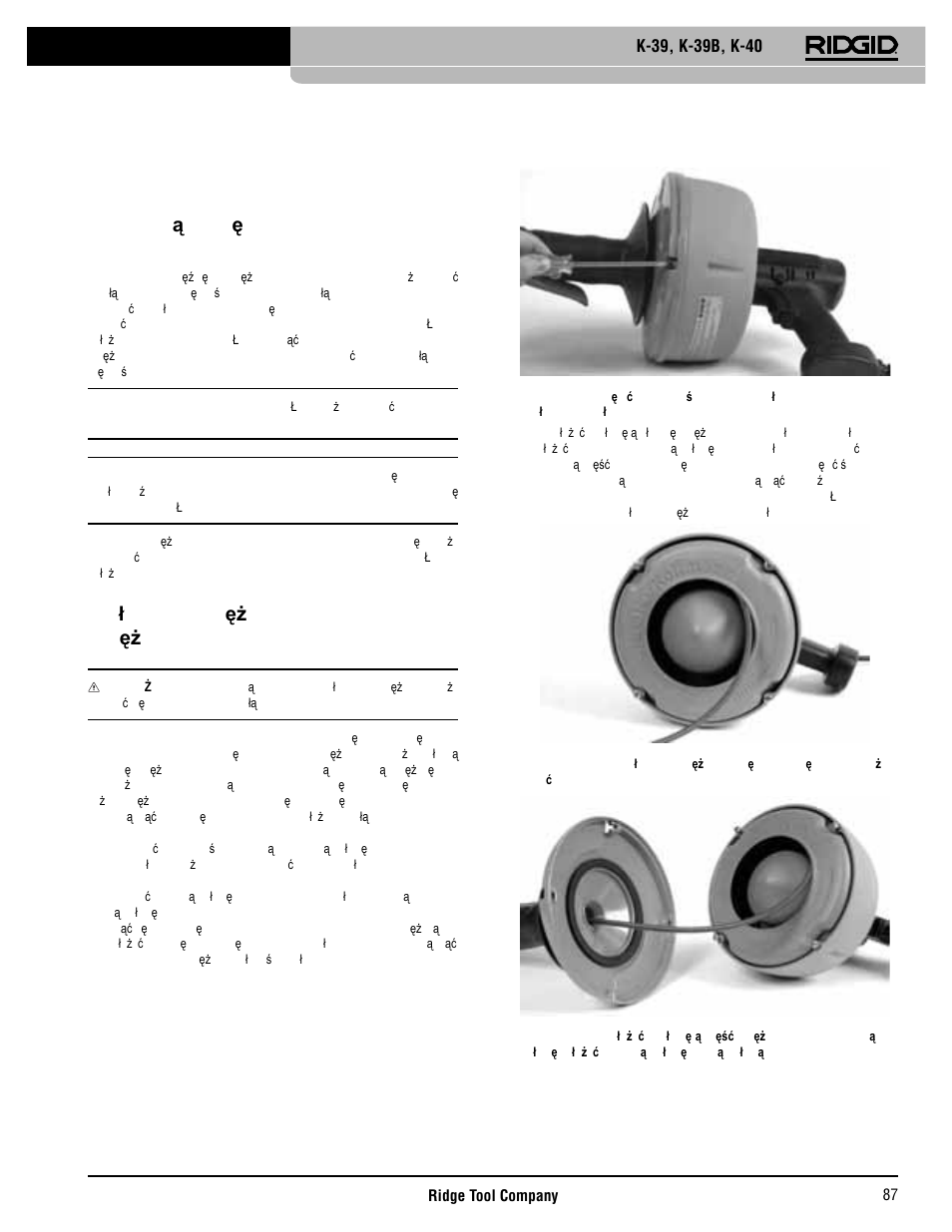 Procedury specjalne, Wk ładanie sprężyny do pojemnika spr ężyny | RIDGID K-40 User Manual | Page 88 / 126
