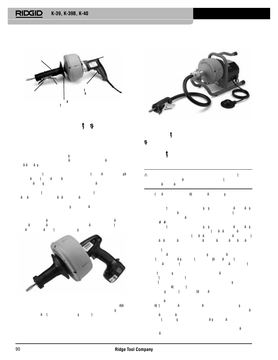 Descriere, specifi ca ţii şi echipamentul standard, Inspec ţia aparatului de desfundat canale, Descriere | RIDGID K-40 User Manual | Page 91 / 126