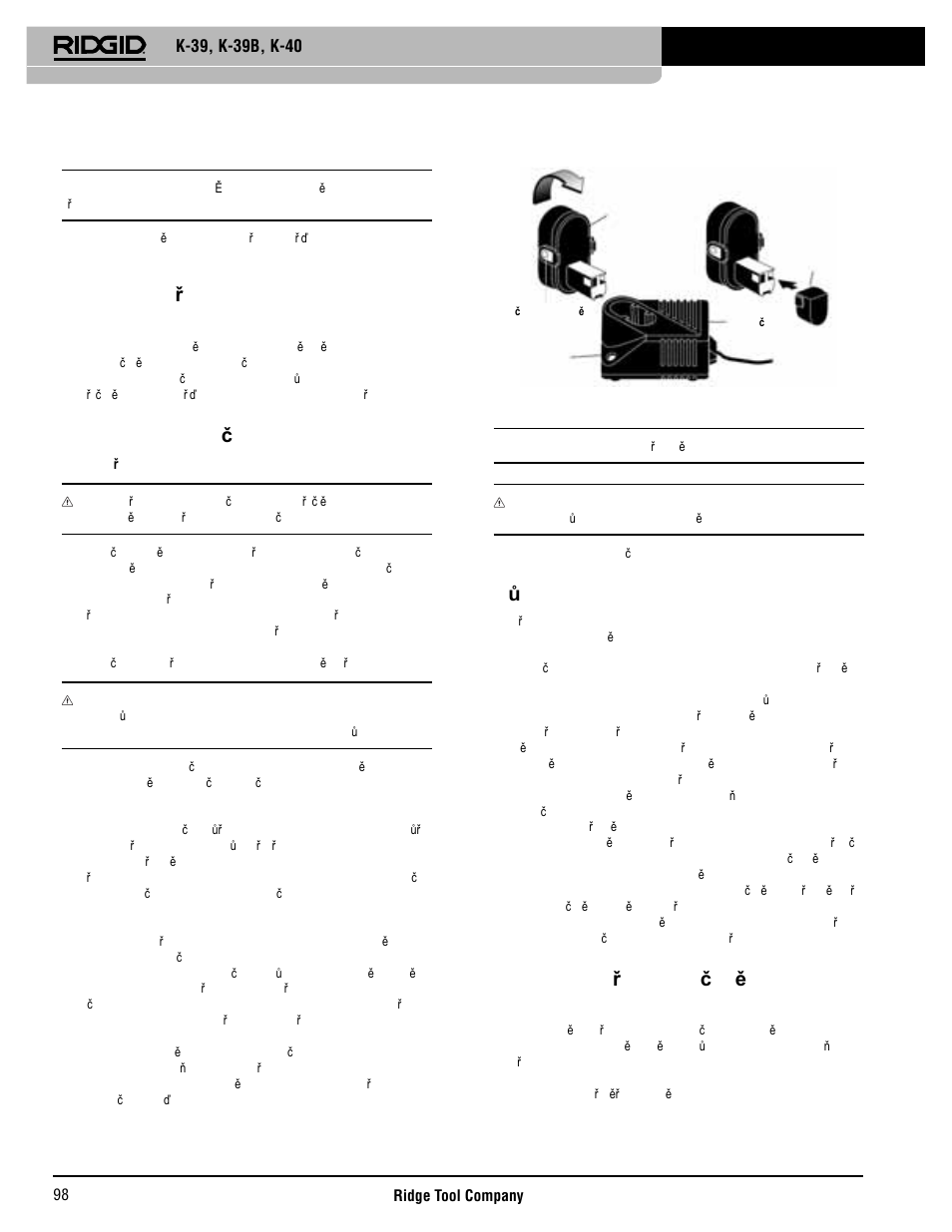 Nastavení p ři ucpávce odpadu pisoáru, Nastavení nabíje čky baterií k-39, Důležité poznámky pro nabíjení | Bateriové za řízení na čistění drenáží k-39 | RIDGID K-40 User Manual | Page 99 / 126
