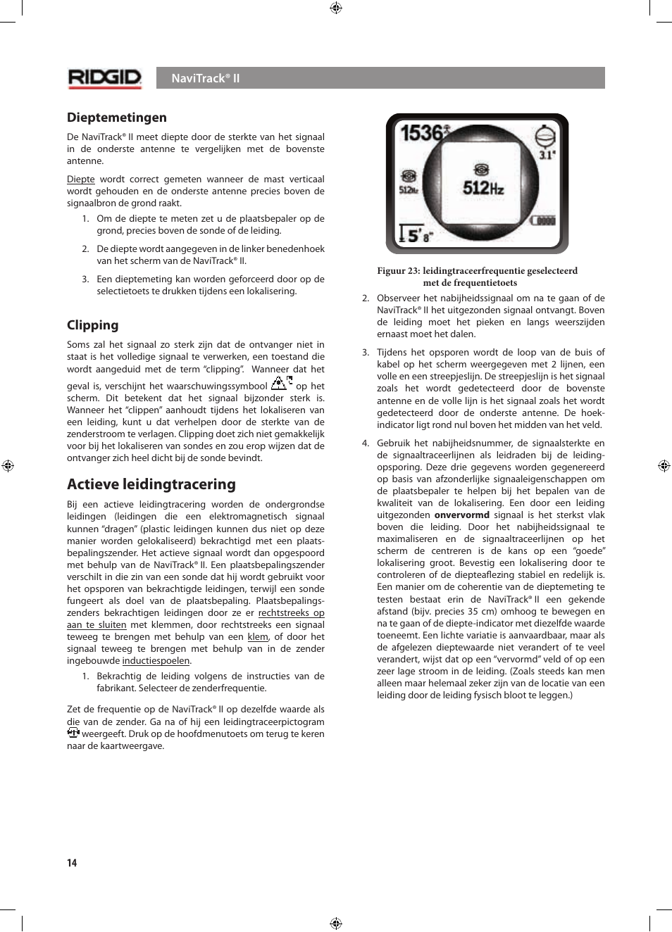 Actieve leidingtracering, Dieptemetingen, Clipping | RIDGID NaviTrack II User Manual | Page 100 / 394