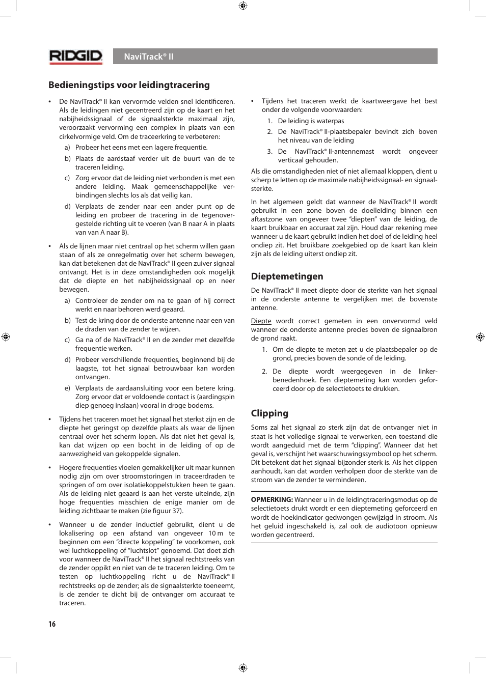 Bedieningstips voor leidingtracering, Dieptemetingen, Clipping | RIDGID NaviTrack II User Manual | Page 102 / 394