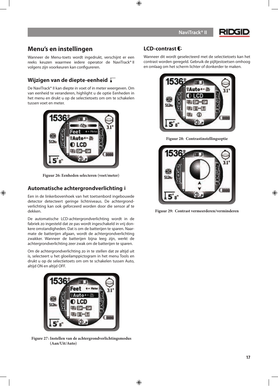 Menu’s en instellingen, Wijzigen van de diepte-eenheid, Automatische achtergrondverlichting | Lcd-contrast | RIDGID NaviTrack II User Manual | Page 103 / 394