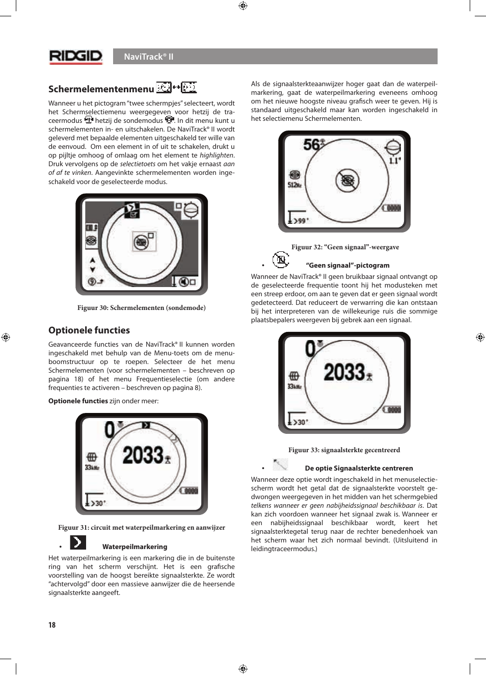 Schermelementenmenu, Optionele functies | RIDGID NaviTrack II User Manual | Page 104 / 394