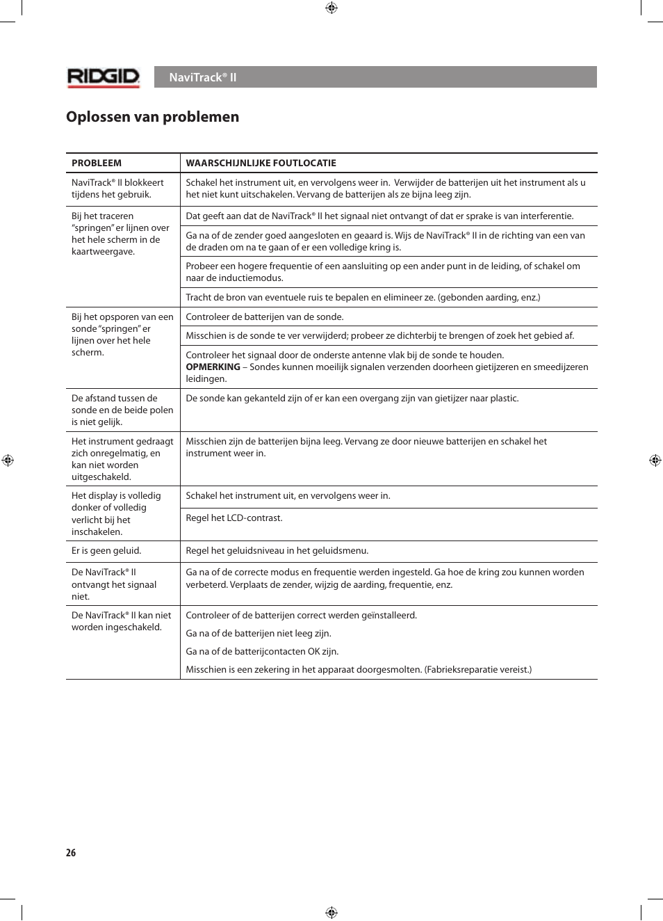 Oplossen van problemen | RIDGID NaviTrack II User Manual | Page 112 / 394