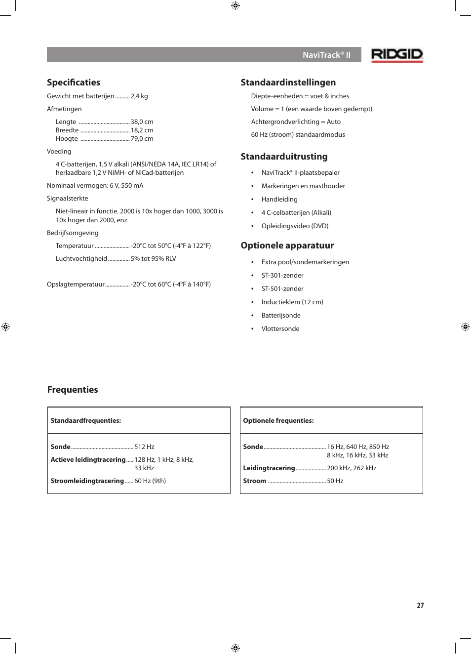 Speciﬁcaties, Standaardinstellingen, Standaarduitrusting | Optionele apparatuur, Frequenties | RIDGID NaviTrack II User Manual | Page 113 / 394